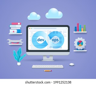 Enterprise DevOps. Computer with open diagram pages on screen. Keyboard and mouse. Books, gear, Bar Chart and spanner on the shelves. Web vector illustrations in 3D style