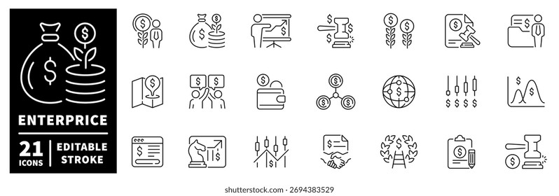 Ícones de linha editável da empresa definidos com o estilo de estrutura de tópicos. símbolos de negócios e finanças