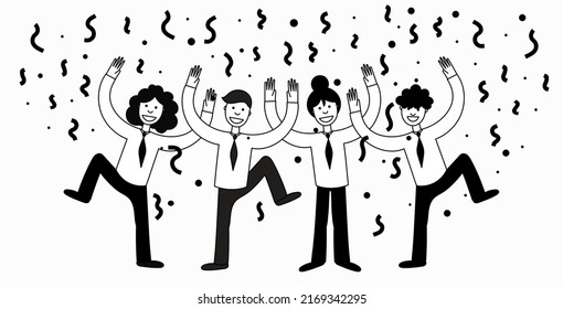 Enterprise employees dance at a corporate party. Festive confetti and people.