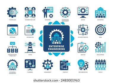 Enterprise Engineering icon set. System, Management, Designing, Information Flow, People, Strategy, Planning, Structure. Duotone color solid icons