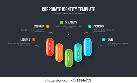 Plantilla de marco de diagrama de cinco opciones de previsión de Empresa. Profesional Introducción Presentación Ilustración vectorial de diseño. Diseño de diapositivas de infografía de 5 elementos de crecimiento de la empresa.