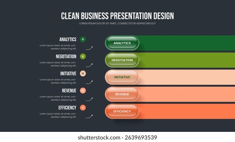 Enterprise Forecast Five Step Diagram Presentation Layout. Advertising Strategy Frame Design Vector Illustration. Professional Briefing 5 Option Infographic Slideshow Template.