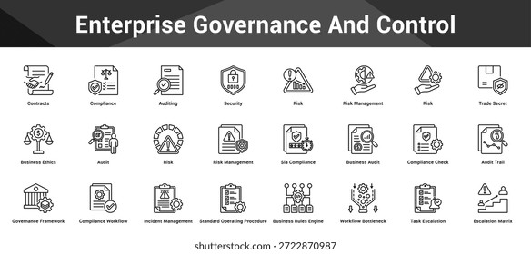 Controle e governança corporativa Conjunto coeso de ícones de vetor minimalistas que representam ideias-chave com clareza visual