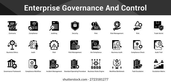 Controle e governança corporativa Conjunto coeso de ícones de vetor minimalistas que representam ideias-chave com clareza visual