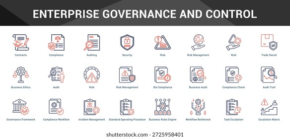 Controle e governança corporativa Conjunto coeso de ícones de vetor minimalistas que representam ideias-chave com clareza visual