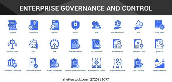 Controle e governança corporativa Conjunto coeso de ícones de vetor minimalistas que representam ideias-chave com clareza visual