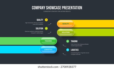 Modelo de slide Infográfico de quatro elementos para crescimento corporativo. Layout de Quadro de Diagrama de Opção 4 da solução profissional. Ilustração de vetor de design de apresentação de slides de desempenho de anúncio.