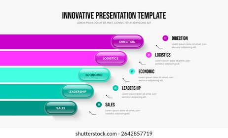 Ilustração do vetor do modelo de slide de crescimento da empresa. Design de quadro de diagrama de cinco opções de visualização para investidores. Layout de Apresentação Infográfica de Elemento da Análise Financeira 5.