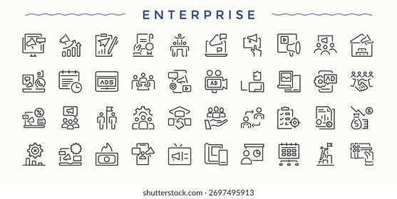 Ícone Enterprise. Ícones do aplicativo. Relacionado a gestão, profissional, comércio, negócios, organização, econômico. Traçado editável. Conjunto de ícones de linha profissional.