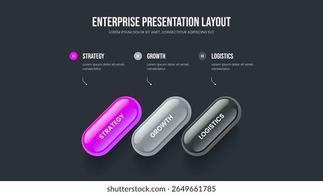 Modelo de quadro de infográfico da opção Enterprise Innovation 3. Ilustração do vetor de layout de slide do perfil de vendas. Design de apresentação de diagrama de três elementos.