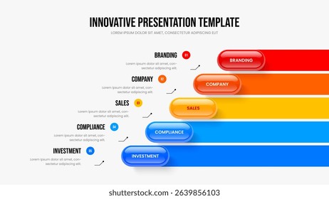 Enterprise Innovation Five Step Diagram Slide Template. Consulting Launch 5 Option Infographic Slideshow Design. Marketing Insight Frame Layout Vector Illustration.