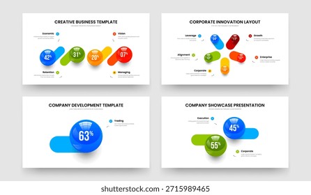 Inovação empresarial Quatro Cinco Um Dois Elementos Infográfico Slide Design Vetor Illustration Set. Proposta Colorida 4 5 1 2 Option Graph Frame Layout Collection.