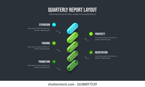 Enterprise Innovation Slide Layout Vector Illustration. Modern Portfolio 5 Option Diagram Slideshow Template. Product Performance Five Step Infographic Frame Design.