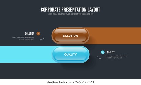 Enterprise Insight Frame Design Vector Illustration. Visual Portfolio Two Element Infographic Slide Template. Service Development 2 Option Diagram Slideshow Layout.