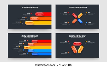 Enterprise Insight Three Four Five Element Infographic Frame Layout Vetor Illustration Bundle (Pacote de ilustração de vetor de layout de quadro infográfico de quatro elementos). Conjunto de modelos de apresentação de diagrama de opção 3 4 5 da solução digital.