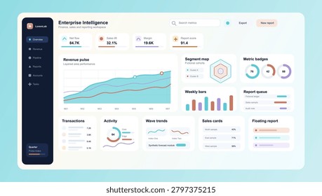 Enterprise Intelligence Dashboard UI Vector. Clean enterprise intelligence dashboard UI with revenue pulse chart, segment map, metric badges, report queue, weekly bars, transactions, activity. Vector