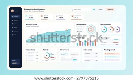 Enterprise Intelligence Dashboard UI Vector. Clean enterprise intelligence dashboard UI with revenue pulse chart, segment map, metric badges, report queue, weekly bars, transactions, activity. Vector