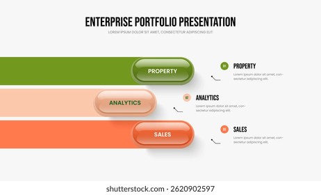 Enterprise Introduction 3 Step Infographic Slide Design. Product Forecast Three Element Diagram Slideshow Layout. Financial Campaign Frame Template Vector Illustration.