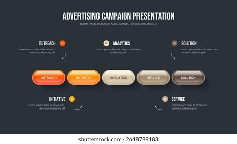 Enterprise Introduction 5 Element Infographic Slideshow Design. Consulting Briefing Slide Template Vector Illustration. Corporate Showcase Five Option Diagram Frame Layout.
