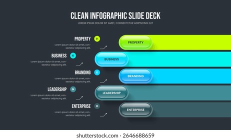 Introdução ao Enterprise Modelo de Slide de Diagrama de Cinco Etapas. Ilustração do Vetor do Design da Apresentação da Previsão de Marketing. Layout do quadro de infográfico do elemento 5 da Campanha de Mercado.