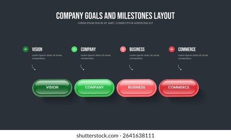 Enterprise Introduction Four Option Diagram Slideshow Design. Product Launch 4 Element Infographic Frame Template. Service Portfolio Slide Layout Vector Illustration.