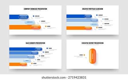 Enterprise Launch 3 4 5 1 Element Diagram Slideshow Template Collection. Product Solution Three Four Five One Step Infographic Presentation Layout Vector Illustration Set.