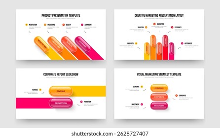 Enterprise Launch Four Five Two Three Element Diagram Slide Design Vector Illustration Bundle. Modern Visualization 4 5 2 3 Option Infographic Presentation Layout Collection.