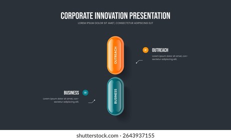 Enterprise Launch Two Option Infographic Presentation Layout (Layout de apresentação infográfica de duas opções para o lançamento corporativo). Ilustração de vetor de design de quadro de campanha corporativa. Modelo de slide do diagrama de elementos do Product Insight 2.
