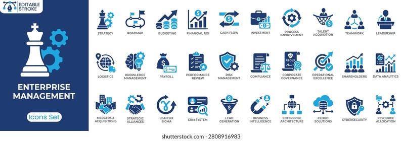 Enterprise Management icon set. Containing strategy, budgeting, risk management, compliance, enterprise architecture and more. Solid vector icons collection