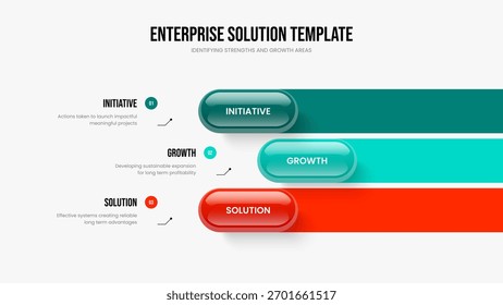 Visão geral empresarial Design de slide com três opções de diagrama. Ilustração do vetor de modelo de apresentação de slides de crescimento da empresa. Layout de apresentação infográfica de 3 passos do Business Showcase.