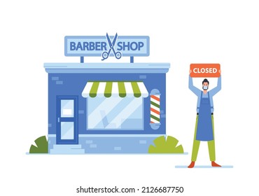Enterprise Owner Character in Mask with Closed Sign Stand at Bankrupted Barber Shop Building Facade, Business Bankrupt Closing during Pandemic, Financial Crisis. Cartoon People Vector Illustration