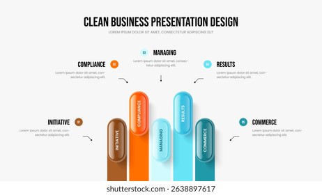 Enterprise Performance Five Element Infographic Presentation Template. Marketing Overview Slide Layout Vector Illustration. Business Profile 5 Option Diagram Slideshow Design.