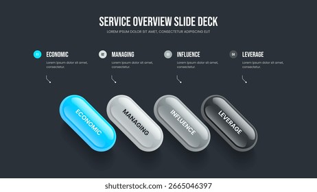 Design de apresentação infográfica de quatro opções de desempenho empresarial. Ilustração do vetor do layout do quadro do plano de mercado. Visão geral do anúncio Modelo de slide do diagrama de elemento 4.