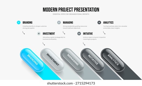 Plan de Empresa Diseño de marco de diagrama de cinco pasos. Producto Solución Presentación Plantilla Ilustración vectorial. Diseño de diapositivas de infografía de 5 elementos.