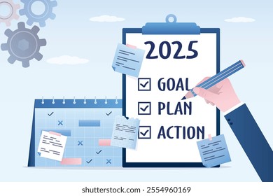 Enterprise plan management in 2025 year. Business action plans, strategies or goals to drive organization or target audience. Company or project management. Notes with tasks on planner. flat vector