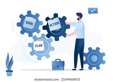 Enterprise plan management. Business action plans, strategies or goals to drive organization or target audience. Company management. Leader spin cogs or gear to drive action plans. vector illustration