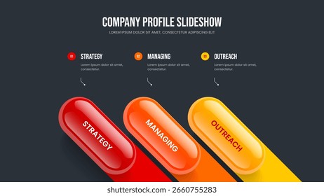 Design da apresentação do diagrama do elemento do portfólio empresarial 3. Ilustração do Vetor do Modelo de Quadro de Previsão Financeira. Consulting Growth Layout de slide infográfico em três etapas.