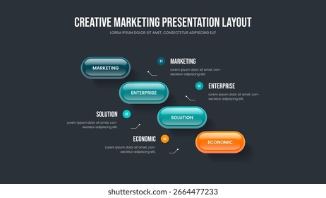 Enterprise Portfolio Presentation Design Vector Illustration. Service Visualization Four Element Diagram Frame Layout. Product Forecast 4 Step Infographic Slide Template.