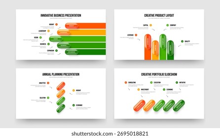 Pacote de Ilustração de Vetor de Design de Quadros Infográficos de Quatro Elementos para Perfil Empresarial. Market Development 5 Coleção de layout de apresentação de diagrama de 4 etapas.