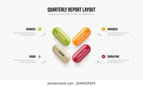 Enterprise Profile Slideshow Template Vector Illustration. Advertising Proposal Four Option Diagram Frame Layout. Product Overview 4 Step Infographic Presentation Design.