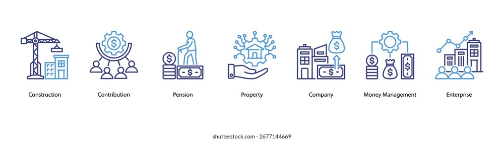 Ilustração do vetor de banner da Web de Propriedade Empresarial apresentando Construção, Contribuição, Pensão, Propriedade, Empresa, Gerenciamento de Dinheiro e Empresa.