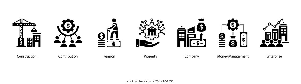 Ilustração do vetor de banner da Web de Propriedade Empresarial apresentando Construção, Contribuição, Pensão, Propriedade, Empresa, Gerenciamento de Dinheiro e Empresa.