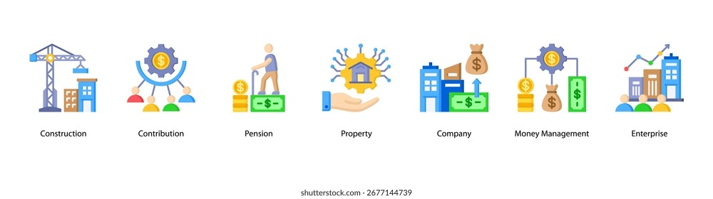 Ilustração do vetor de banner da Web de Propriedade Empresarial apresentando Construção, Contribuição, Pensão, Propriedade, Empresa, Gerenciamento de Dinheiro e Empresa.