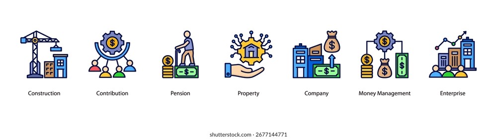Ilustração do vetor de banner da Web de Propriedade Empresarial apresentando Construção, Contribuição, Pensão, Propriedade, Empresa, Gerenciamento de Dinheiro e Empresa.