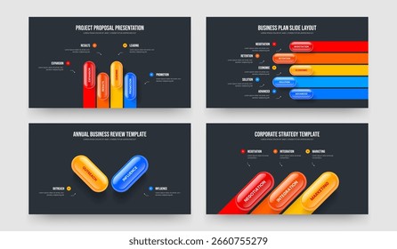Enterprise Proposal 4 5 2 3 Step Infographic Frame Layout Bundle. Digital Strategy Four Five Two Three Element Diagram Slide Template Vector Illustration Collection.