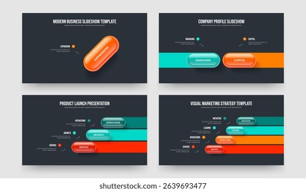 Enterprise Report 1 2 3 4 Element Diagram Slideshow Layout Collection. Corporate Showcase One Two Three Four Step Infographic Slide Template Vector Illustration Set.