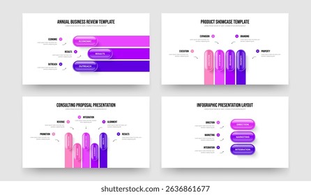 Enterprise Report 3 4 5 3 Option Infographic Slide Layout Collection. Service Strategy Three Four Five Three Element Diagram Frame Template Vector Illustration Set.