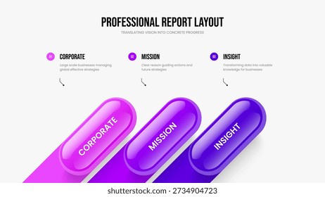 Modelo de Apresentação de Slides de Diagrama de 3 Etapas do Relatório Empresarial. Esquema de Quadro Infográfico de Três Elementos de Planejamento Moderno. Introdução profissional Design de apresentação Ilustração vetorial.