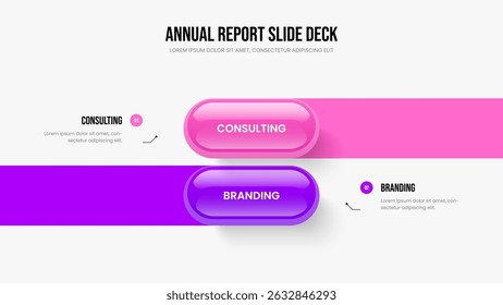 Ilustração de Vetor de Modelo de Apresentação de Slides de Relatório Empresarial. Desempenho do Projeto Dois Elementos Infográfico Apresentação Design. Layout do Quadro do Diagrama de Opções do Plano de Produto 2.