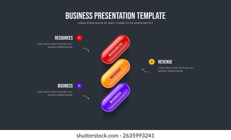 Enterprise Report Three Option Infographic Slide Layout. Market Showcase Frame Design Vector Illustration. Modern Introduction 3 Element Diagram Presentation Template.